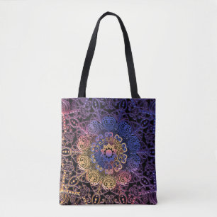Bolsa Tote Mandala roxa e amarela: design desenhada à mão