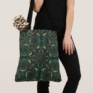 Bolsa Tote Mandalá Simétrico Abstrato Esmeralda e Dourado