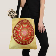 Mandala Vermelho Pontos Dourados em Fundo Dourado 