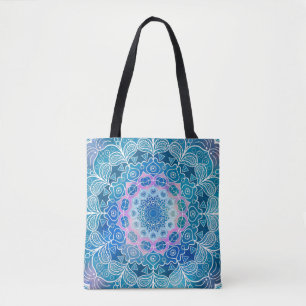 Bolsa Tote Mandala White Outline Blue Watercolor -