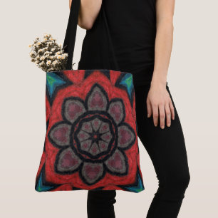 Bolsa Tote Mandalala de Flor de Caleidoscópio Vermelho e Pret