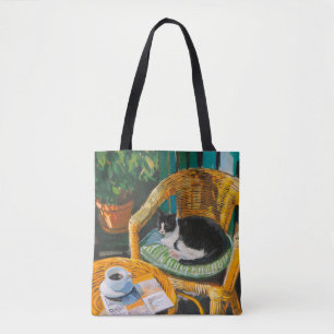 Bolsa Tote Manhã de Domingo Preguiçoso Pintura de Gato Acon