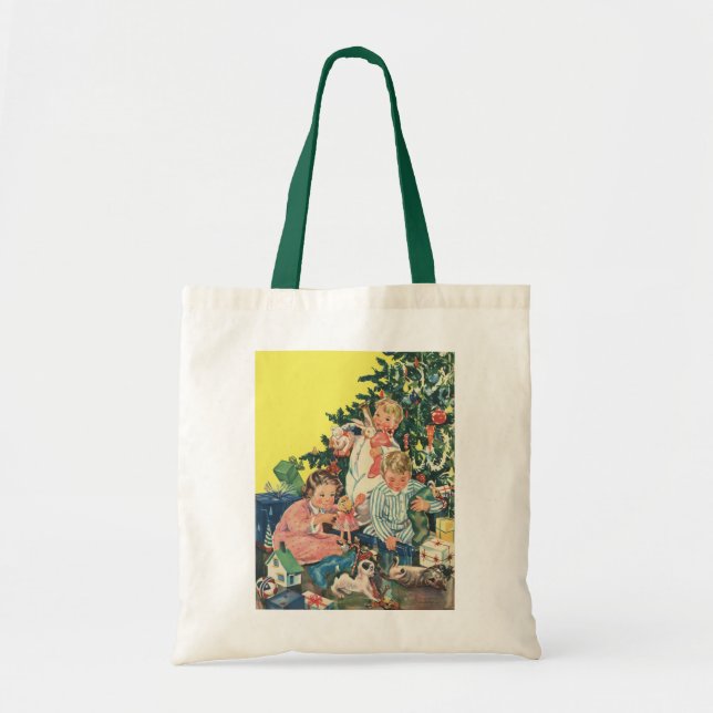 Bolsa Tote Manhã de Natal Antiga, Crianças Abrindo Presentes (Frente)