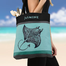 Bolsa Tote Manta Ray on Teal Faux Brushed Metal Monogrammed