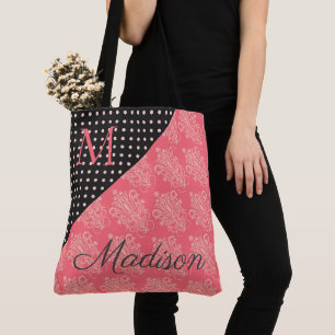 Bolsa Tote Manteiga Preta Rosa Damasco Monograma Pontos de Tr