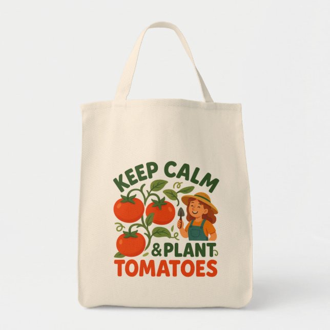 Bolsa Tote Mantenha a Calma & Plante Tomates (Frente)