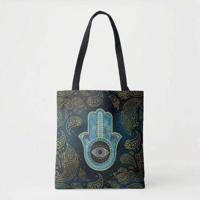 Bolsa Tote Mão decorativa de Hamsa com fundo de paisley (Frente)