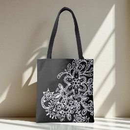 Bolsa Tote Mão desenhada Preta e Branco Flores de Mandala