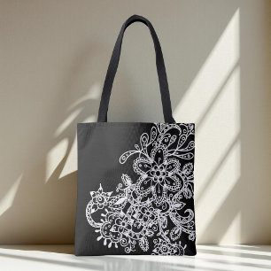 Bolsa Tote Mão desenhada Preta e Branco Flores de Mandala