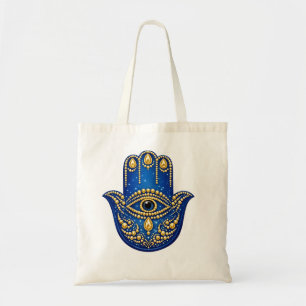 Bolsa Tote Mão Hamsa Azul Dourado Olho Mau Tecido