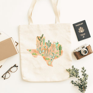 Bolsa Tote Mapa de Ilustração de Aquarela do Texas Cactus
