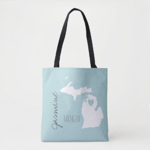 Bolsa Tote Mapa de Michigan com nome personalizado de coraç