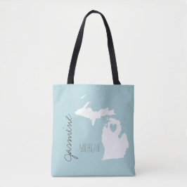 Bolsa Tote Mapa de Michigan com nome personalizado de coração