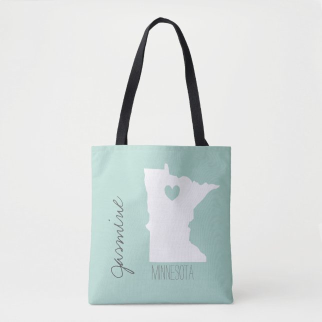 Bolsa Tote Mapa de Minnesota com nome personalizado cardíaco (Frente)