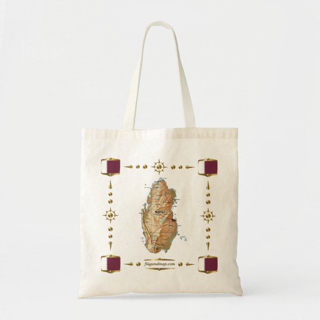 Bolsa Tote Mapa de Qatar + Saco das bandeiras (Frente)