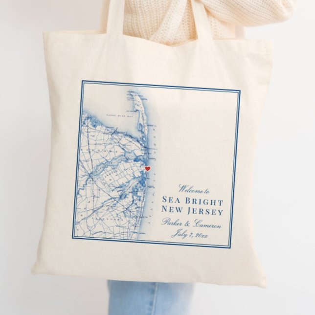 Bolsa Tote Mapa de Sea Bright Nova Jersey Elegante Bem-Vindo  (These Welcome to Sea Bright New Jersey tote bags are perfect for your Jersey shore wedding)