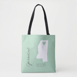 Bolsa Tote Mapa do Mississippi com nome personalizado do cora