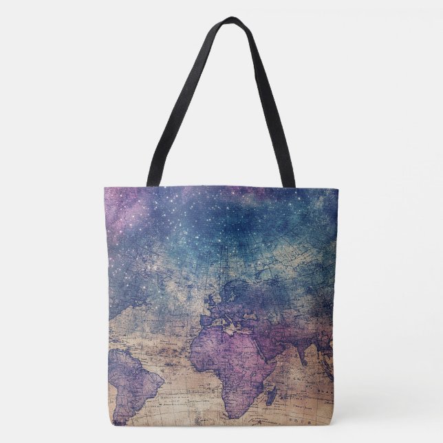 Bolsa Tote Mapa do Mundo Celestial Roxo (13) (Frente)