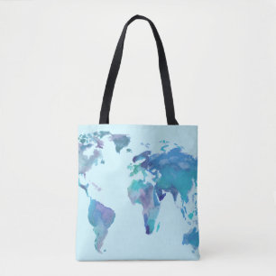 Bolsa Tote Mapa do mundo do azul da aguarela