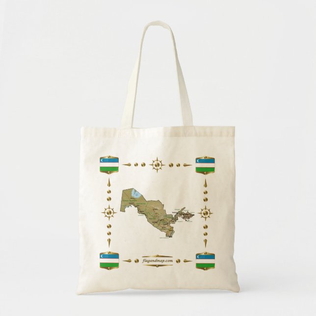 Bolsa Tote Mapa do Usbequistão + Bandeiras (Frente)