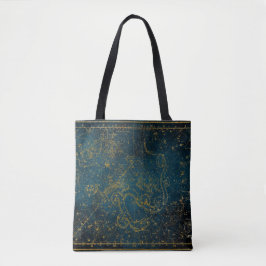 Bolsa Tote Mapa Estelar Vintage Ilustrado Azul Escuro e Doura