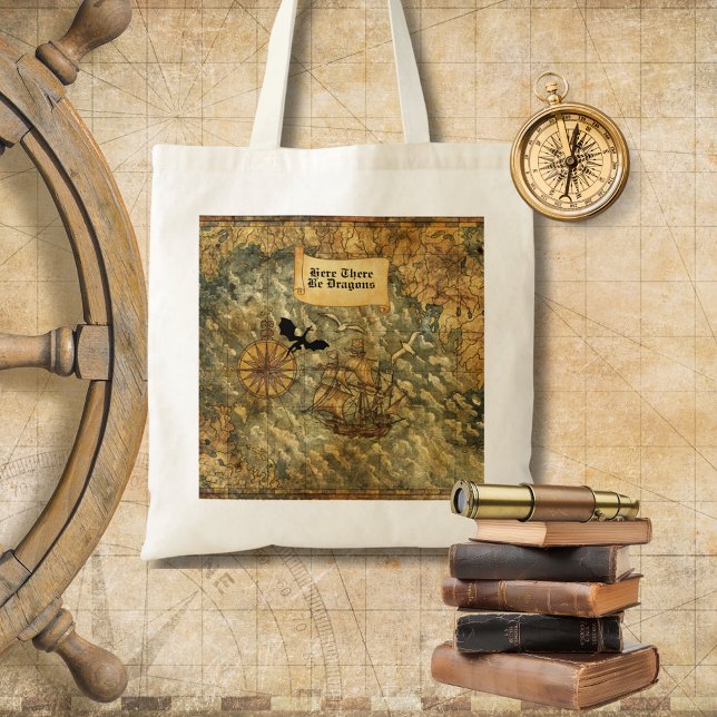 Bolsa Tote Mapa Fantasia Aqui Existem Dragões (Here There Be Dragons Tote Bag for library visits or nautical adventures)