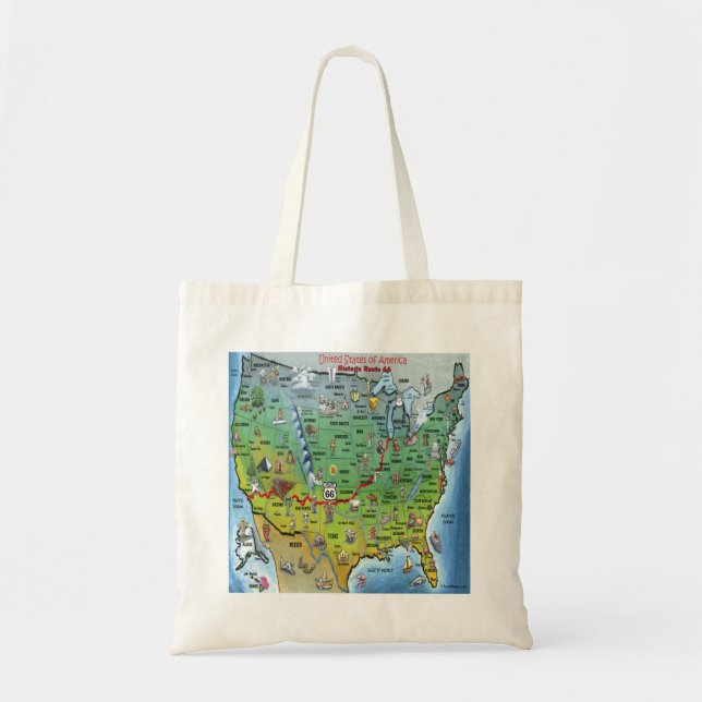 Bolsa Tote Mapa histórico dos desenhos animados da rota 66 (Frente)