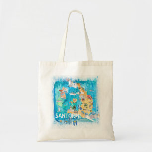 Bolsa Tote Mapa ilustrado da Grécia Santorini com as estrada