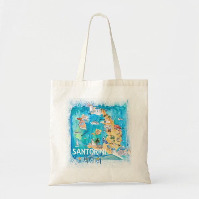Bolsa Tote Mapa Ilustrado da Grécia Santorini com Estradas Pr (Frente)