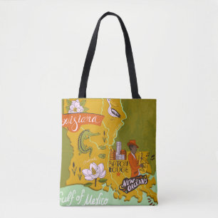 Bolsa Tote Mapa ilustrado da Louisiana: destaques de viagem.