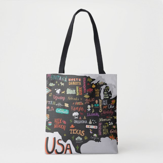 Bolsa Tote Mapa ilustrado dos EUA. Poster com estados e (Frente)