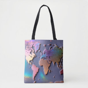 Bolsa Tote Mapa Mundial Colorido 3D Brilhante com Brilho
