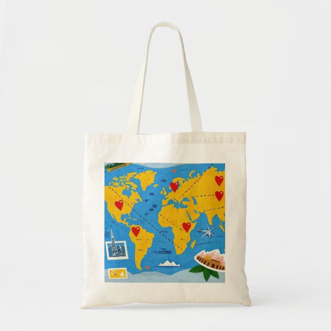 Bolsa Tote Mapa mundial dotado de pinos cardíacos e marcos (Frente)