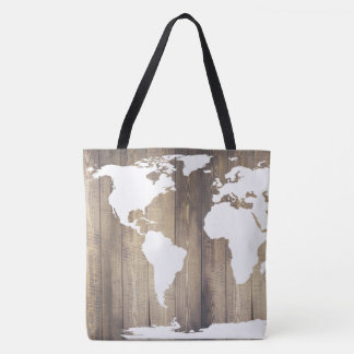 Bolsa Tote Mapa Rustic Wood White World Traveler