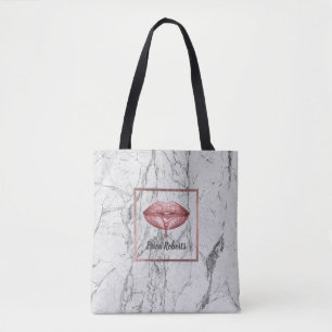 Bolsa Tote Maquilhador de mármore branco dos lábios Dourado