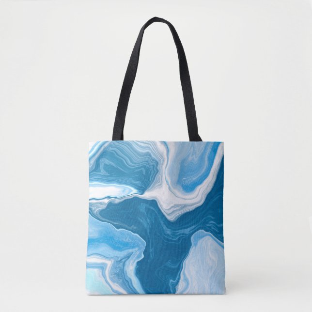Bolsa Tote Marble de Arte Fluida Digital Azul e Branco (Frente)