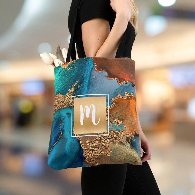 Bolsa Tote Marble watercolor monograma turquesa de ouro e lar (Criador carregado)