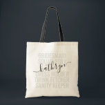 Bolsa Tote Marca de Tota Personalizada do Nome do Bridesmaid<br><div class="desc">Personalizado Bridesmaid Name Personalizado Tote Bag com texto e texto editáveis para sua data,  destino ou local,  nome e citação divertida,  como "vestimenta,  bebe fetcher,  sanity keeper" com alças de correia preta,  faz uma manutenção divertida e útil para todas as suas damas de honra.</div>