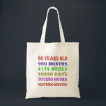 Bolsa Tote Marcos de 80 Birthday<br><div class="desc">Contagem de aniversário de 80 a menos de anos,  dias,  meses,  horas e minutos. Um presente de aniversário para dar uma pausa para pensar! Foram tidos em conta anos saltos!</div>