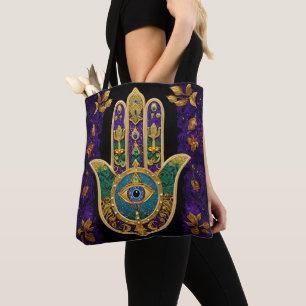 Bolsa Tote Mardi Gras Dourada Roxo Verde Arte Hamsas