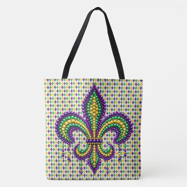 Bolsa Tote Mardi Gras fleur de lis, verde-púrpura (Frente)