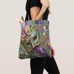 Bolsa Tote Mardi Gras Green e Dourada Máscara de Penas Colori