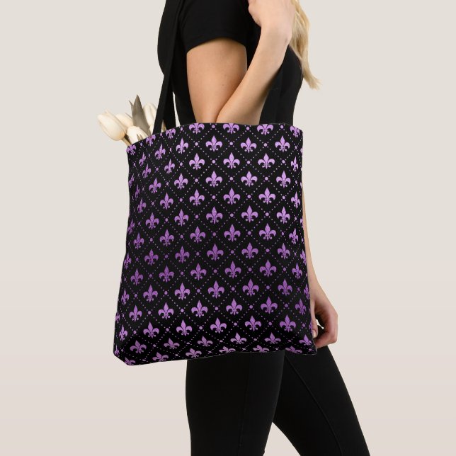 Bolsa Tote Mardi Gras Grid Bright Roxo Fleur De Lis NOLA (Close Up)