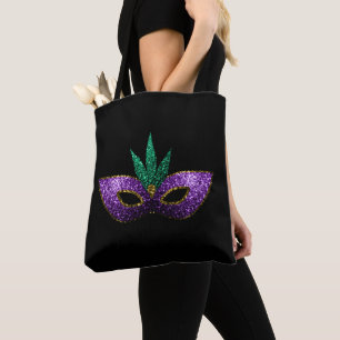 Bolsa Tote Mardi Gras Mask Purple Green Sparkles Preto
