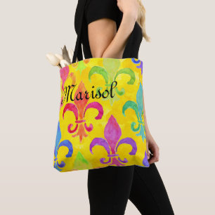 Bolsa Tote Mardi Gras Rainbow Fleur de lis Monogram Yellow