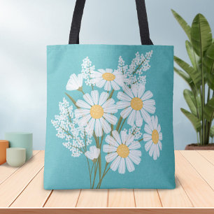 Bolsa Tote Margaridas brancas florais elegantes na cerceta