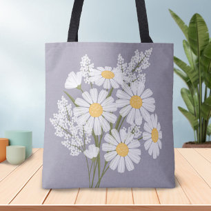 Bolsa Tote Margaridas brancas florais elegantes na lavanda