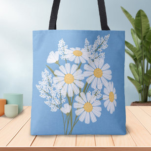 Bolsa Tote Margaridas brancas florais elegantes no azul