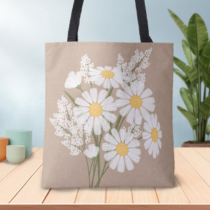 Bolsa Tote Margaridas brancas florais elegantes no bege