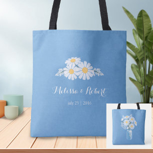 Bolsa Tote Margaridas brancas florais elegantes no favor azul